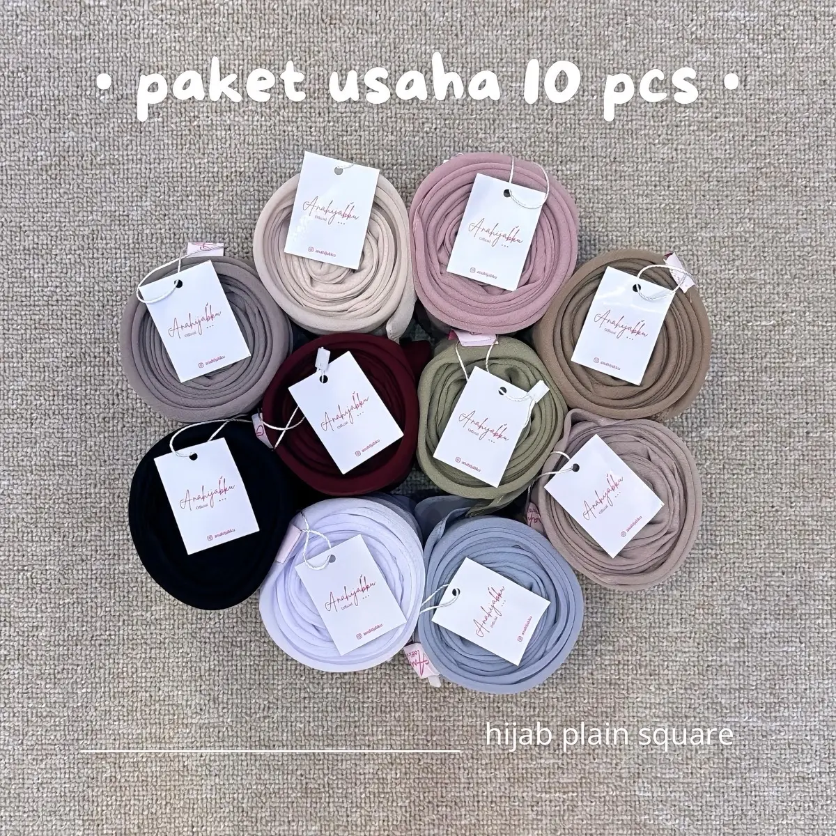 Anahijabku - Paket usaha 10 pcs Hijab Plain Square Kerudung Segi Empat Polycotton Lembut Nyaman