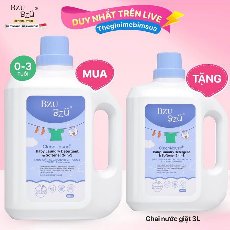 TGMBS 3Lx2 Combo 2 Chai Nước Giặt Xả Vải BZU BZU 2in1 Cho Bé Sơ Sinh Thơm Lâu - An Toàn CleanHaven