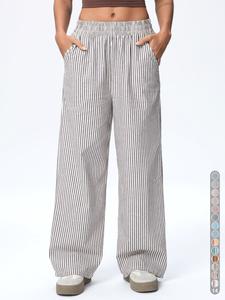 Women's Striped Print Pants, Casual Comfy Elastic Waist Trousers for Outdoor Wear, Ladies Bottoms for All Seasons