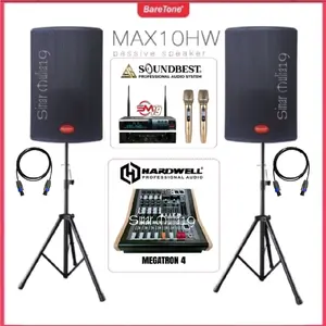 Paket Sound System Karaoke Speaker 10 Inch BareTone MAX10HW Power Mixer Hardwell Megatron 4 Mic Wireless Soundbest CK213 Original