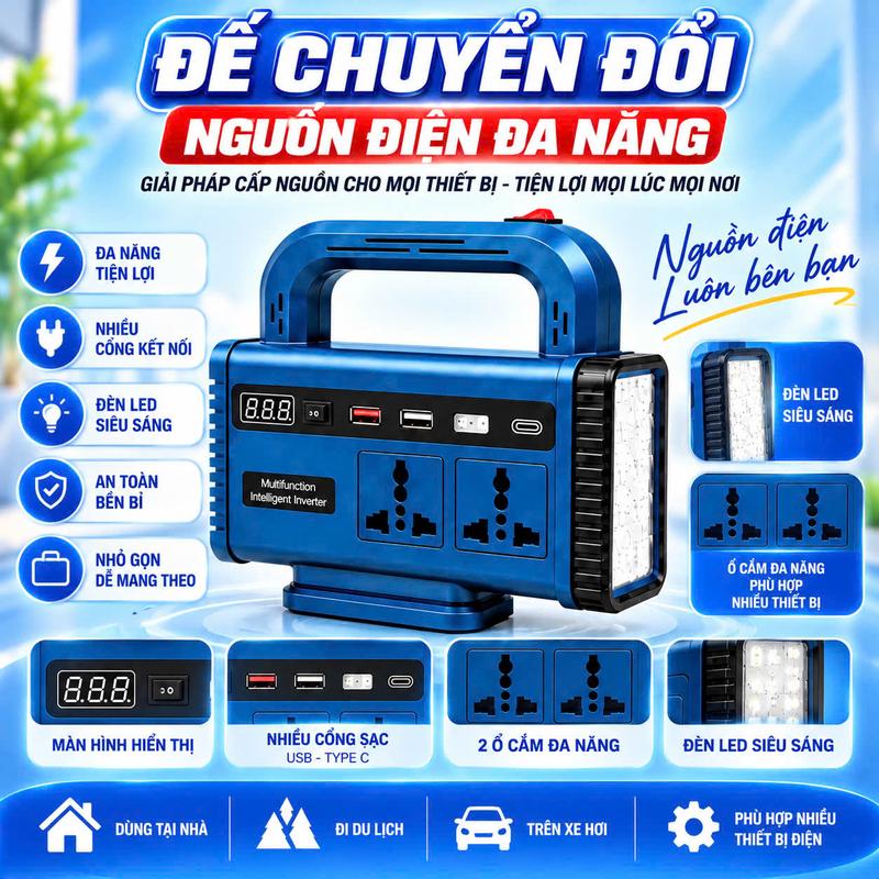 Đế chuyển dổi nguồn điện đa năng chuyển đổi nguồn từ 18,21v-190-220v kiêm đèn led,cổng ac,cổng sạc điện thoại