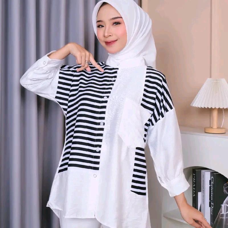 kemeja linen premium wanita terbaru atasan wanita terbaru  wanita import Kain Salur Kemeja garis garis atasan wanita dewasa tunik salur 1