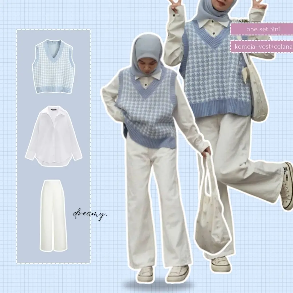 Alina Set 48  - 3in1 Ocean Blue One Set Korean Style, Outfit Korea, Outfit Wanita, Ullzang, setelan korea