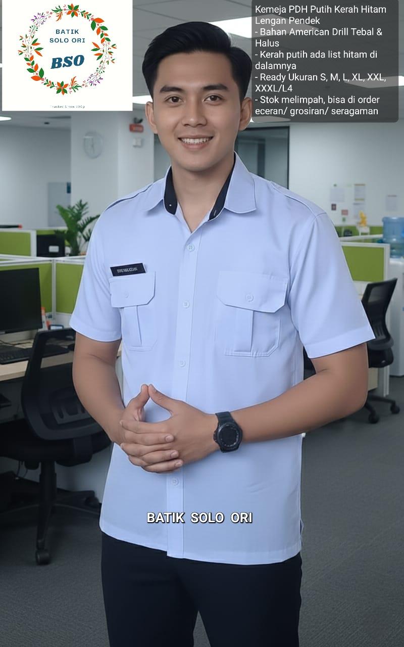BATIK SOLO ORI Seragam PNS Kemeja PDH Pria Putih Kerah Hitam Bahan Drill Premium Nyaman Dipakai Sehari-hari Seragam PDH Putih Kerah Hitam Seragam PNS ASN PPPK Terbaru. Kemeja PDH Putih kerah hitam lengan panjang