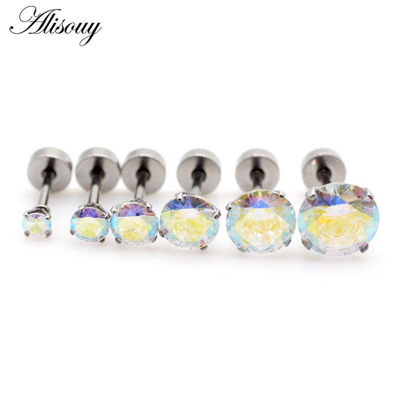Alisouy 2pcs Unisex Women Men Round Crystal Zircon Stainless steel Ear Studs Earrings Barbell Tragus Cartilage Piercing Jewelry 6