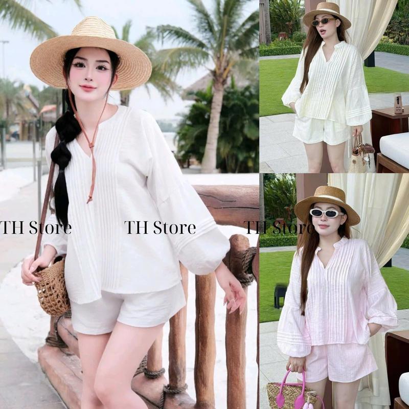 [Sửa Mẫu_ Quần 2 Lớp]Bộ Nữ Xếp Li Ngực  Cổ Tàu Mix Quần Short Đùi Cạp Chun Basic Chất Đũi Xước Mát Nhẹ Đi Chơi Đi Biển  By Th Store