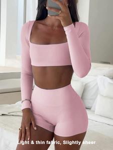 Conjunto casual deportivo para mujer de manga larga y shorts, tejido delgado de ajuste entallado para la temporada de otoño, ropa cómoda para uso diario
