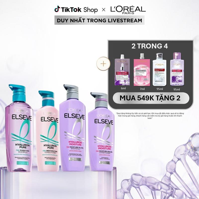 Bộ đôi gội xả nhẹ phồng mái tóc 72H Elseve HA Pure cho da đầu dầu hoặc Moist cho da đầu khô L'Oreal Paris 620ml, 375ml