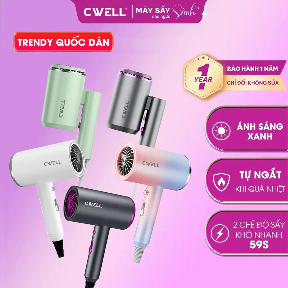 Máy sấy tóc CWELL trendy 4 mùa, 3 chế độ sấy ấm - nóng - mát kèm ánh sáng xanh, công suất 1200W có nút chuyển nhiệt nhanh, bản thường và gập gọn, khô nhanh chóng khi sấy cho nam & nữ C02HD - BH 12 THÁNG