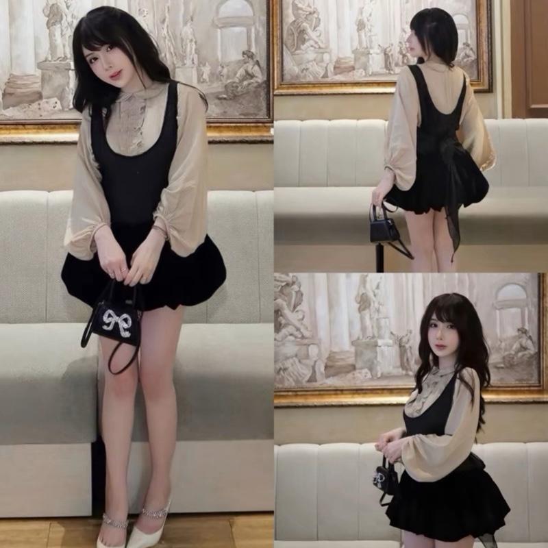 Bèo Béo Bigsize Set 2 Món Sơ Mi Tay Bồng Cổ Sen Mix Yếm Nhung Quần Dáng Bi Thiết Kế Tiểu Thư Form Bigsize 60-90Kg