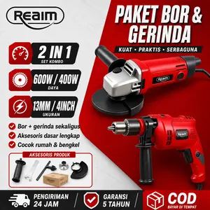 REAIM Paket Promo Mesin Bor dan Gerinda Mesin Gerinda Tangan dan Mesin Bor Listrik 13mm Set Gerinda dan Bor Angle Grinder dan Impact Drill Set dengan Hardcase Alat Bor dan Gerinda Multifungsi untuk Pekerjaan Rumah dan Bengkel