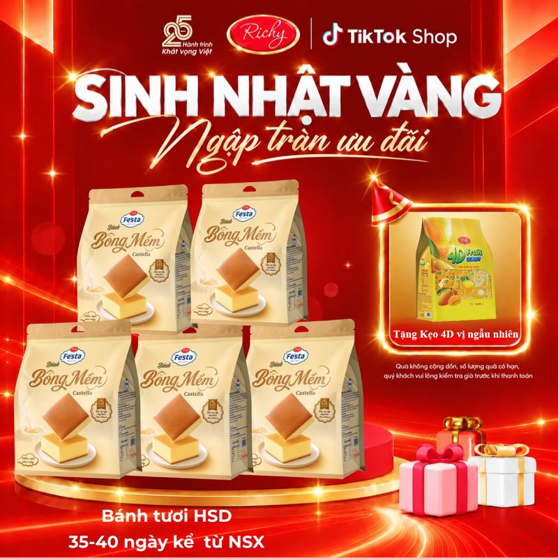 [TẶNG KẸO 4D] Combo 5 Bánh Castella Bông Mềm, Bánh Bông Lan Fe'star 150g (50g x 3 Bánh) Xốp Mịn