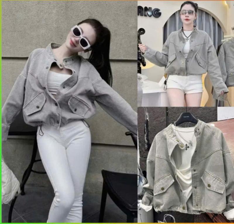   MƠ BÁN GIÁ HỜI GIẢM 45%   Áo khoác jean nữ cổ tàu dáng ngắn bo gấu rút dây cá tính chất liệu denim dày dặn dễ dàng phối hợp đồ mẫu mới 2025 