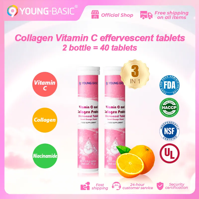 9YOUNG-BASIC FDA certified collagen and vitamin C effervescent tablets 2 bottle, total 3.8g x 40 tablets, 1 tablet contains collagen 38mg，vitamin C 7.6mg，nicotinamide 2mg, Supplement collagen, vitamin C and nicotinamide | Scientific proportion | Easy abso