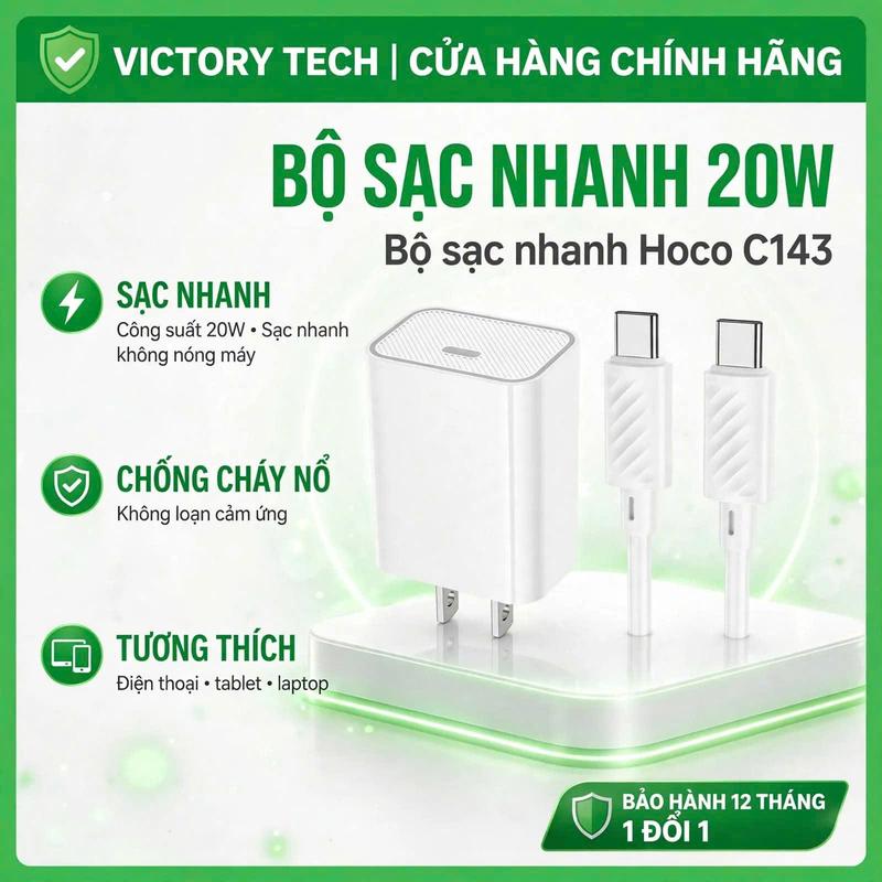 Bộ Sạc Nhanh Hoco C143 PD20W Củ Sạc Type C Cho iPhone 11 12 13 14 15 16 17 18 Pro Max Samsung Oppo Cáp Sạc Nhanh