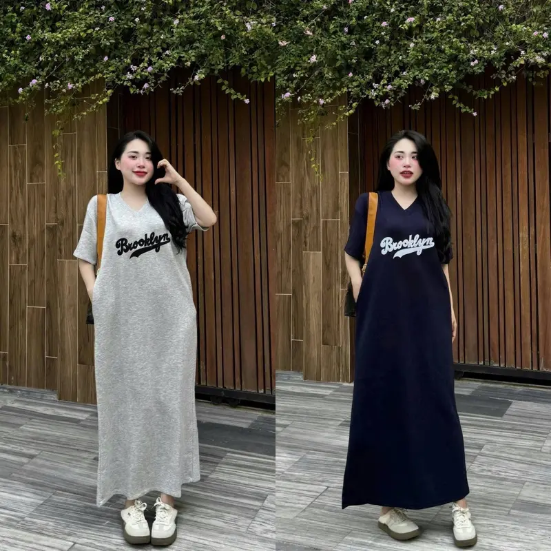Váy suông cổ V chất umi hàn, freesize bầu bì mặc thoải mái