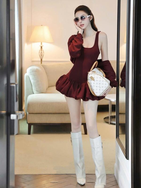   Kèm quần  Set váy 2 dây dáng bí bồng xòe kèm áo khoác ngắn ngoài sét đồ nữ hot trend sét đồ nữ sang chảnh set đồ đông 