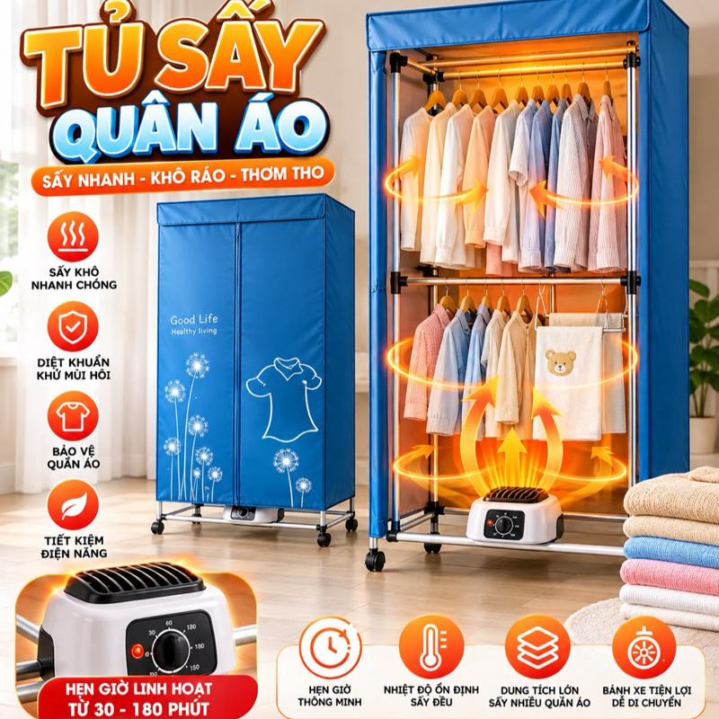 Tủ sấy quần áo Good Life - Sấy nhanh, khô ráo, thơm tho - Tiết kiệm điện năng - Dung tích lớn - Bánh xe tiện lợi - Hen giờ linh hoạt từ 30-180 phút