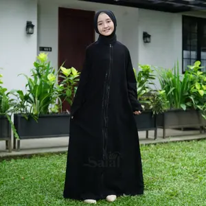 ZIPER BLACK - Abaya Gamis Hitam Kombinasi Manik Hitam Swarosky Resleting Depan