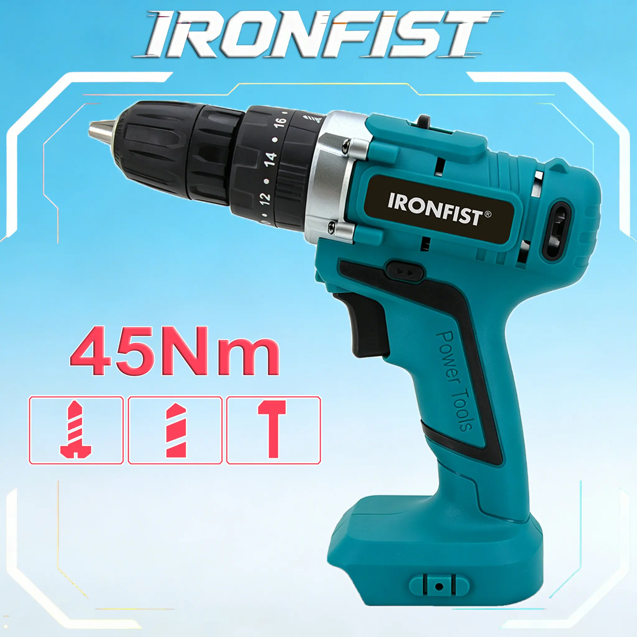 IRONFIST Máy Khoan điện, Máy Khoan Động Lực 3 Chức Năng, Cài Đặt Mô-men Xoắn 25 Tốc Độ 45Nm, Máy Khoan Không Dây 3/8"