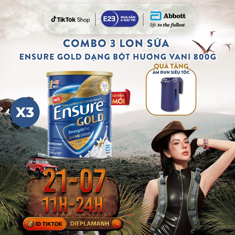   DEAL DIỆP LÂM ANH   TẶNG ẤM ĐUN NƯỚC MÀU TÍM ENSURE  COMBO 3 LON SỮA ENSURE GOLD DẠNG BỘT HƯƠNG VANI 800G 