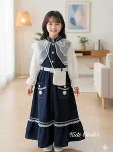 KidsCenter - Gamis Jeans Aruna Organza Tangan Brukat Free Belt Anak Perempuan Usia 3 - 10 Tahun / Fashion Muslim Raya Anak Free Tas - Baju Gamis Lebaran Anak Model Korean Style