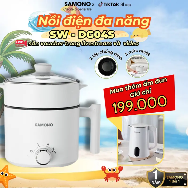 ( BH 1 năm) Samono Nồi Điện Đa Năng Hotpot 1,5L Kèm Xửng Hấp và Nắp Kính 150 Watt SW-DG04S Lòng hấp Inox 1