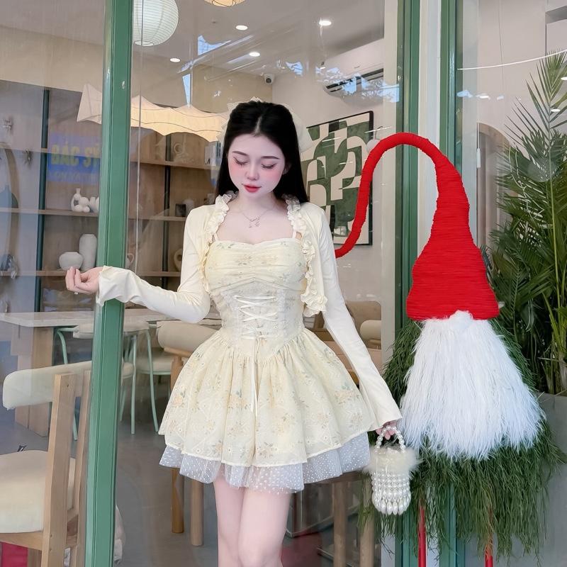  CD060 Set Váy Dây Thô Đan Eo Xoè Bồng Chân Váy Lưới Bi  ảnh thật  tôn dáng nữ tính,38-54kg,sz S M 