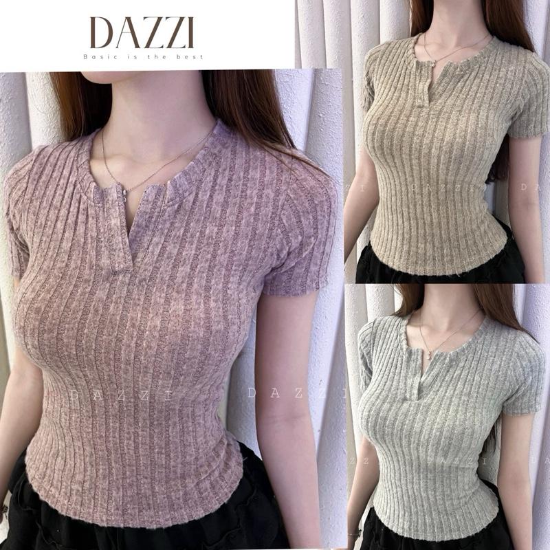 Áo thun nữ cổ trụ tàu tay ngắn vải len nhung đũa form ôm tôn dáng DAZZI Women