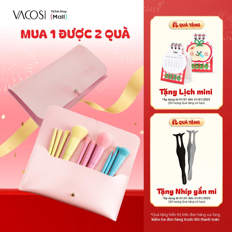 Bộ Cọ Trang Điểm Cá Nhân 10 Cây VACOSI Ví Da Hồng Chuyên Dụng Lông cọ An Toàn Cho Da BC34
