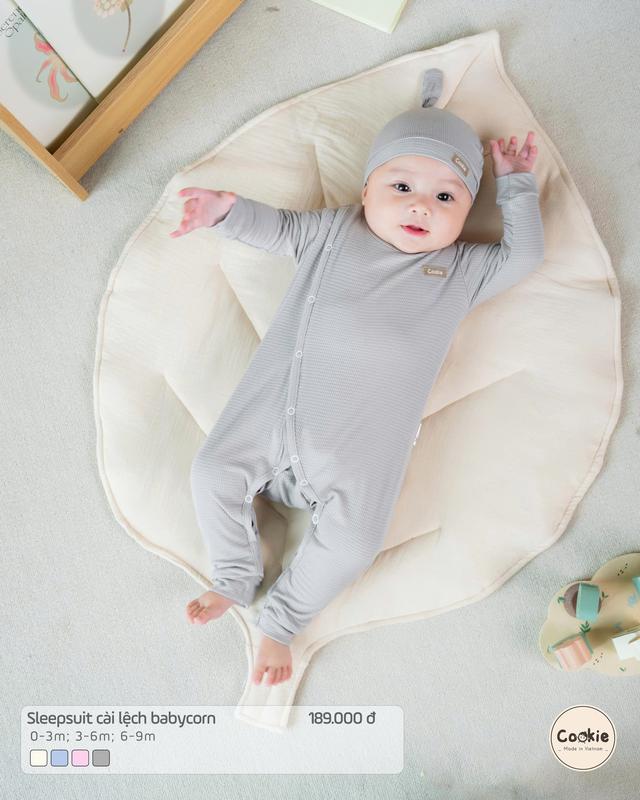Sleepsuit Sơ Sinh Dài Tay Cookie , Sleepsuit Cài Lệch Babycorn Cookie Cho Bé Size Newborn Đến 9 Tháng Chất Babycorn Hạt Ngô