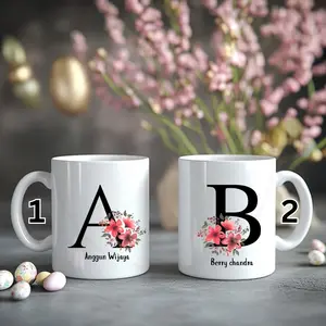 Mug Custom Dengan Huruf Inisial motif Bunga Ukuran 320 ml Bahan Mug Keramik warna putih 2 SISI