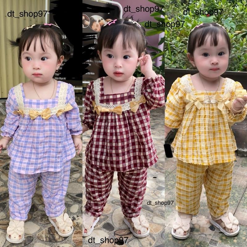 (V10)Bộ quần áo dài tay cổ vuông đính nơ chất cotton phối sợi nhung siêu mềm mịn cho bé gái dưới 5 tuổi (6kg-22kg) được chọn màu