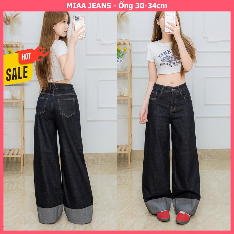 DEAL HÀNG MỚI Quần Jeans Nữ Lật Gấu Ống Suông Rộng 30-34cm MIAA Size XS-XL - Màu Xám Than - Chất Vải Jeans Mềm - Quần Ống Rộng Suông - Mã Ver3