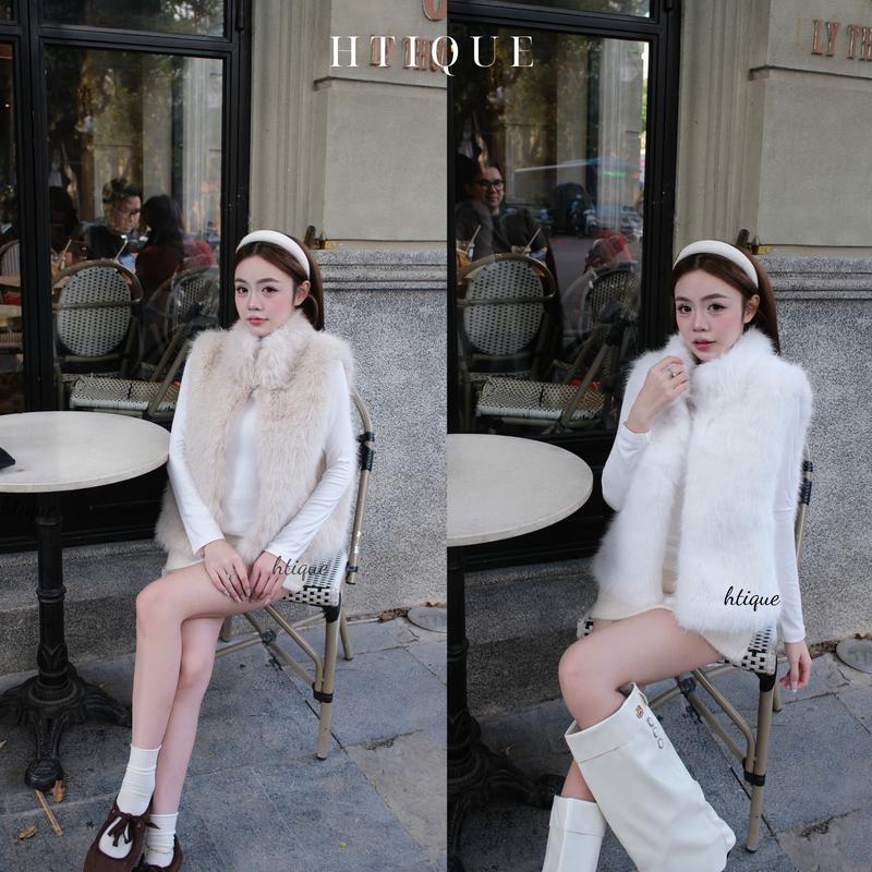 HTIQUE - Mở bán Áo khoác lông gile cổ bẻ hai màu Áo khoác lông mềm mịn cổ cao sang chảnh LA31