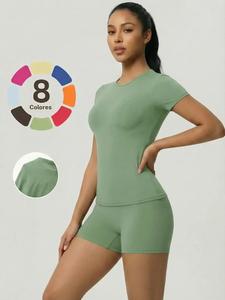 Conjunto de dos piezas para mujer: top de manga corta y shorts, diseño casual sexy, ajuste cómodo, perfecto para uso diario, todas las estaciones, estilo liso