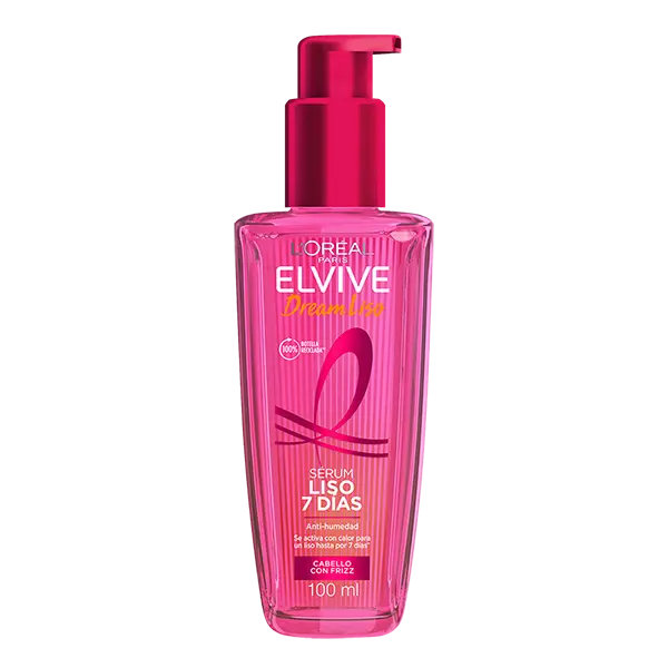 L'Oréal Paris Elvive Sérum Liso 7 dias, Tratamiento de Alisado en Casa, Anti-humedad y Control de Frizz, Potencializado con [Keratina V* + AHA], se activa con calor para alisar las fibras y crear una barrera protectora.