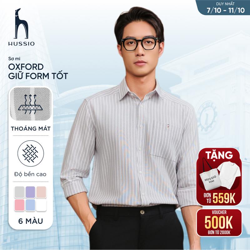 ( Sản phẩm bán chạy ) Áo sơ mi nam tay dài ANCHOR STRIPES thêu logo, vải Oxford cao cấp, thoáng mát, đứng form - HUSSIO