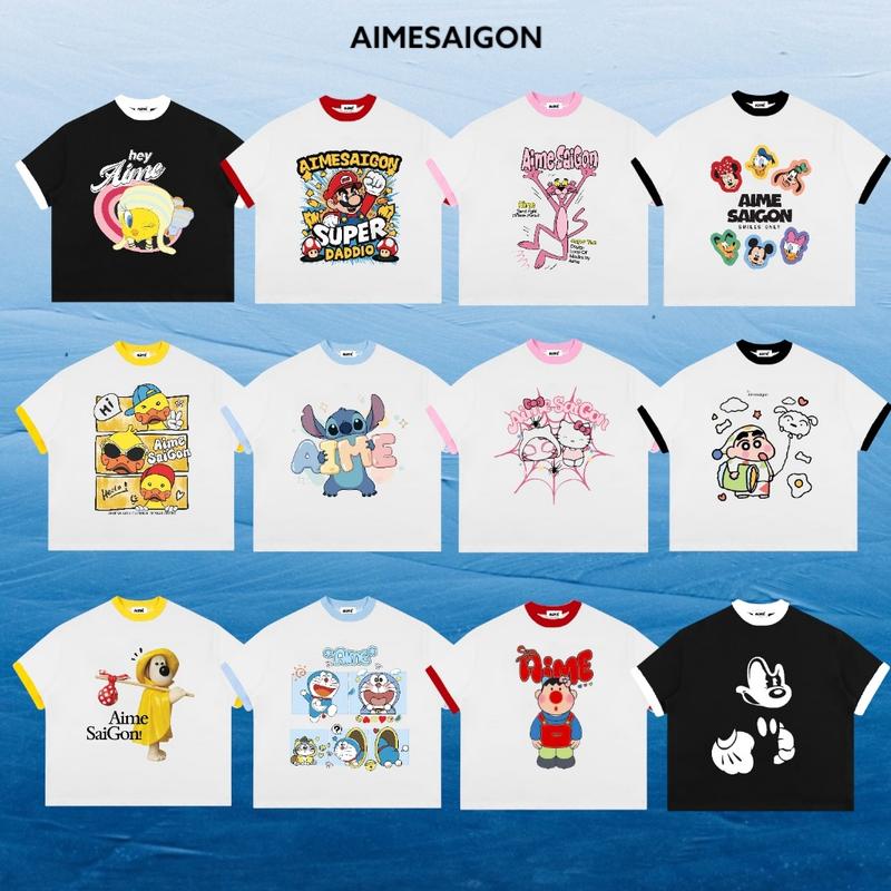 Áo Thun Boxy AIMÉ Cotton 250gsm Cổ Tròn Nam Nữ " PHỐI MÀU CARTOON " Áo Phông Nữ Form Rộng Nữ Mùa Hè Kiểu Đẹp Nam Nữ HA.BO STORE18