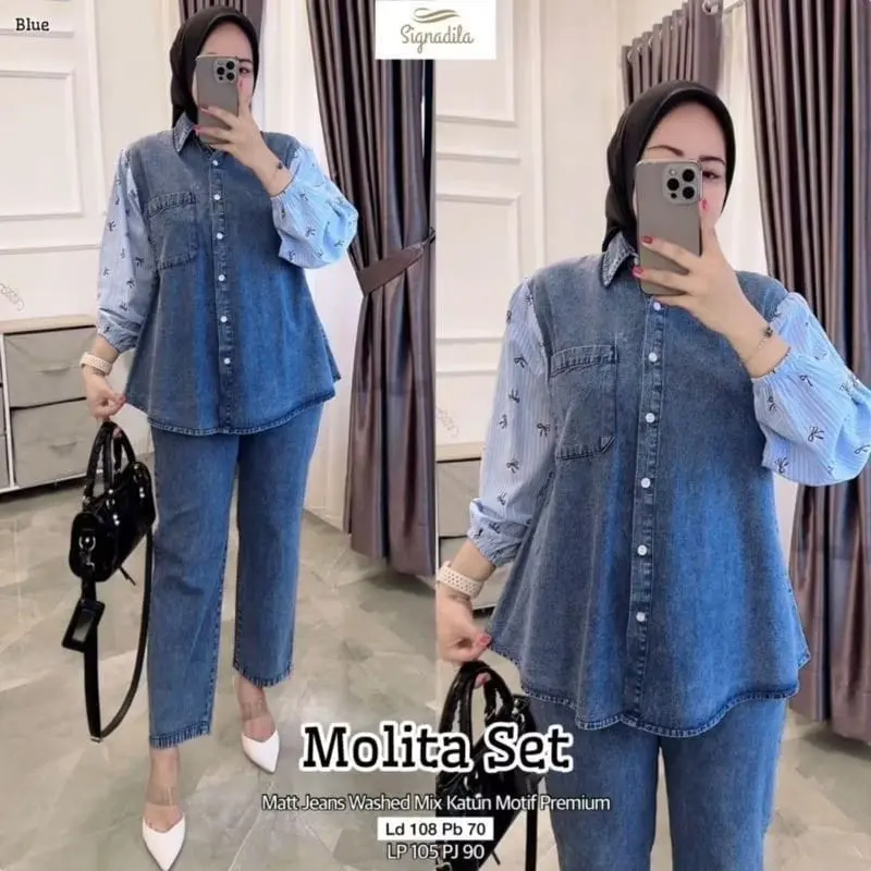One set jeans wanita katun salur motif mix jeans wash atasan lengan panjang celana pants  cantik formal nyaman dipakai