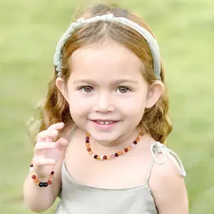 Amber Buddy | LE560 Kalung & Gelang Bayi Baltic Amber kombinasi Amethyst dan Rose Quartz. 32cm & 14cm