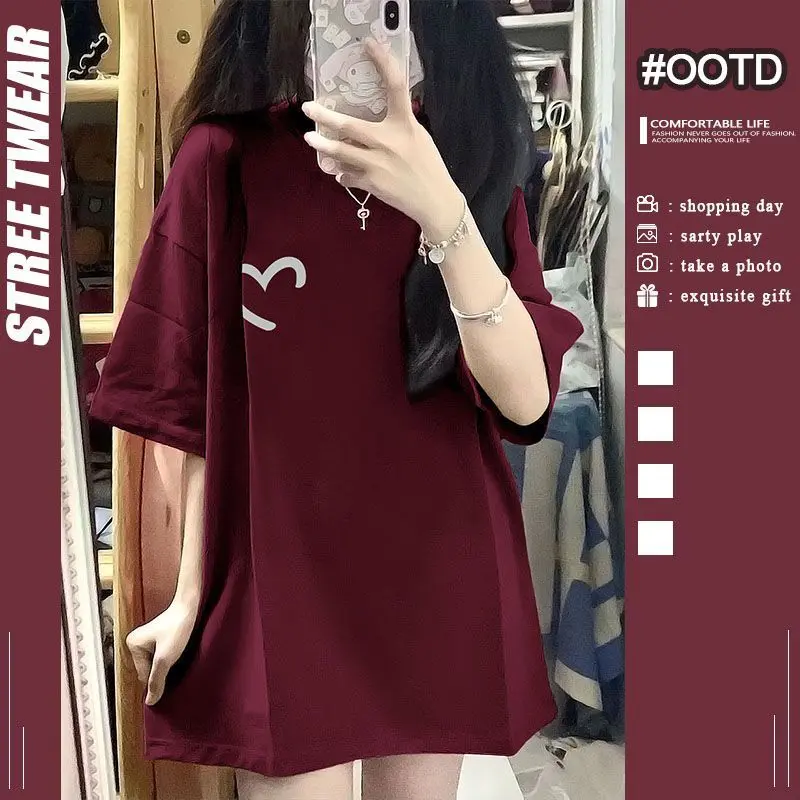 Áo Thun Ngắn Tay In Họa Tiết Đơn Giản Cho Nữ, Áo Mùa Hè, 100% Cotton, Hàn Quốc