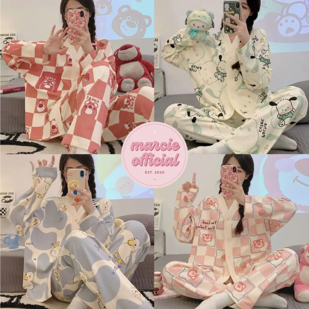 PIYAMA DEWASA MOTIF KARAKTER LUCU BAJU TIDUR LENGAN PANJANG CELANA PANJANG FULL KANCING BAHAN KATUN POLYESTER SET SETELAN BAJU TIDUR WANITA