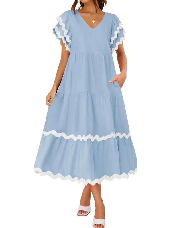 【Plus Size】 Colorblock Print V Neck Dress, Elegant Layered Hem Flutter Sleeve Vneck A Line Dress for Summer, Women's Clothing for Daily Wear, Plus Size Dresses, Womenswear 6