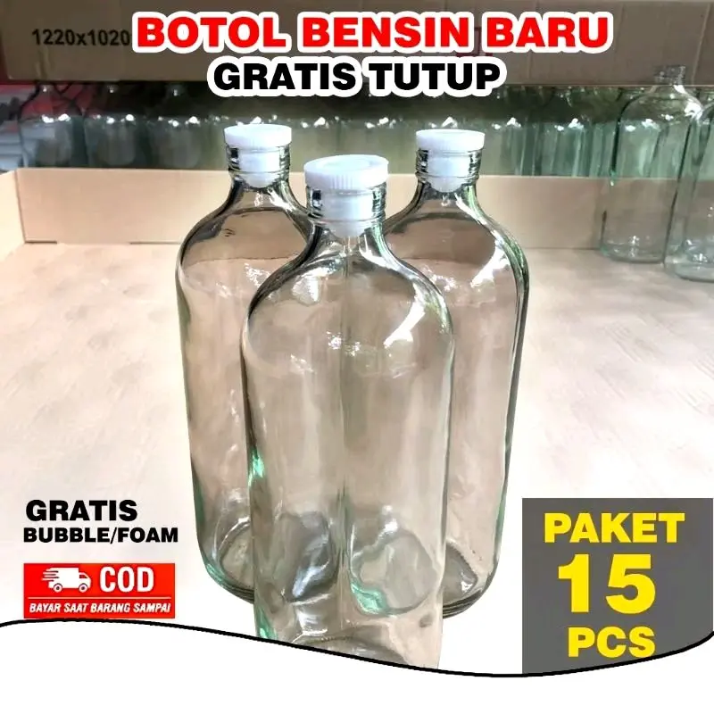 Botol Kaca 1liter, Botol Jamu1liter, Botol Bensin Free Tutup, Free Packing busa eva, PAKET 15PCS, Penyimpanan 0