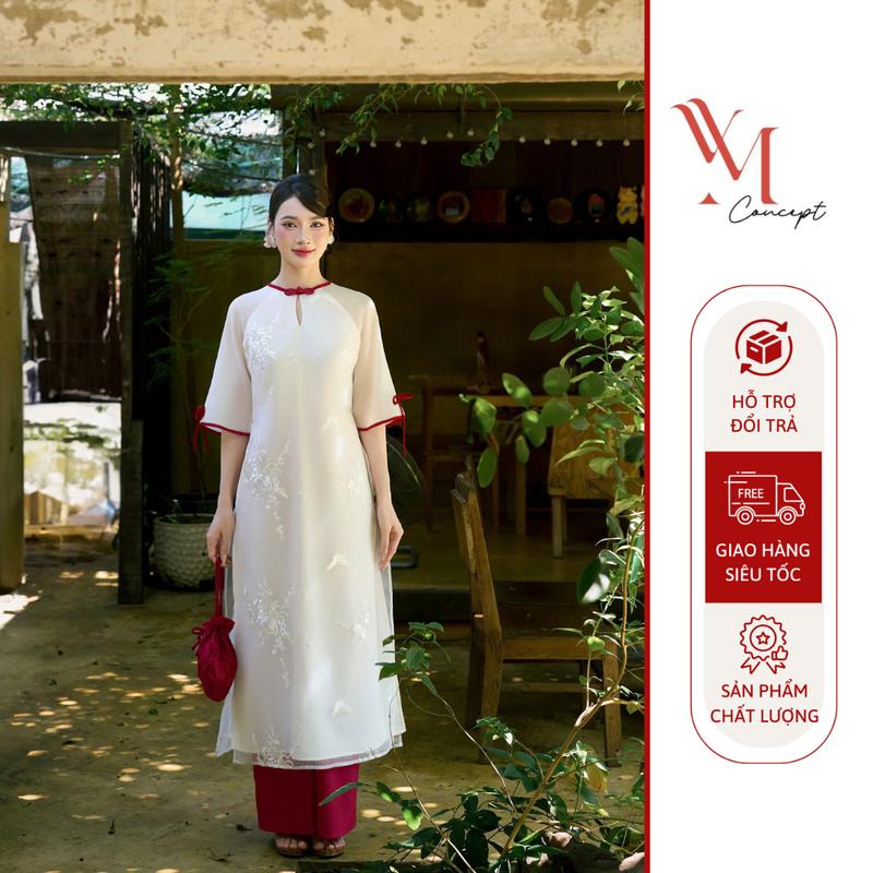  YM Concept Áo Dài Form Suông Cổ Tròn Phối Viền Đỏ Đính Nơ Kèm Quần - Áo Dài Đẹp Diện Tết Thanh Lịch Sang Trọng AD1498 