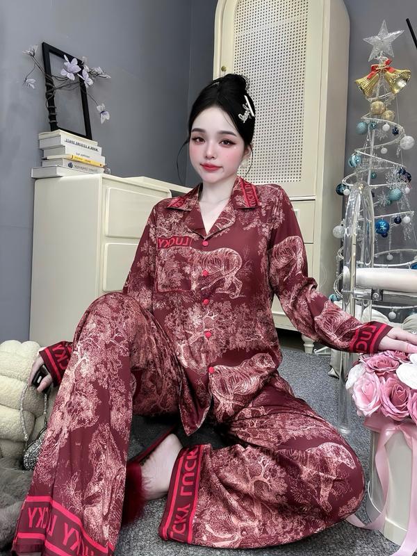 Đồ Bộ Pijama Chất Vải Lụa Latin Tơ Tằm Dành Cho Nữ Thoáng Mát Tay Ngắn và Tay Dài Quần Dài In Hoa Văn Cảnh Rừng Màu Đỏ Đô Bigsize Size 45-60Kg và 61-75kg Women