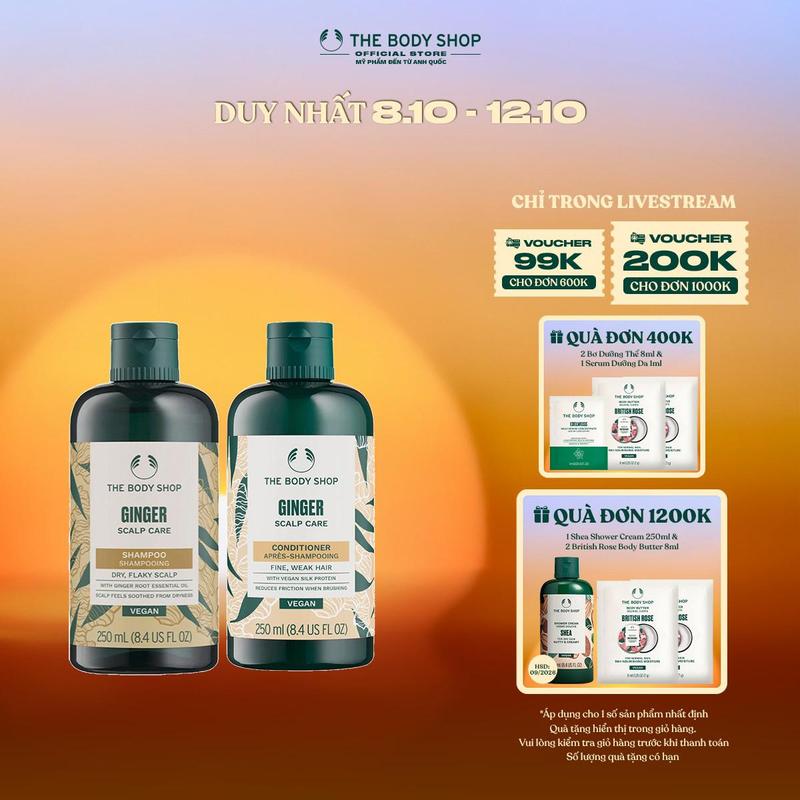 [MẪU MỚI] The Body Shop Bộ dầu gội Gừng: Dầu Gội Ginger Scalp Care Shampoo 250ml & Dầu Xả Ginger Scalp Care Conditioner 250ML | Dành cho tóc và da đầu khô, gàu