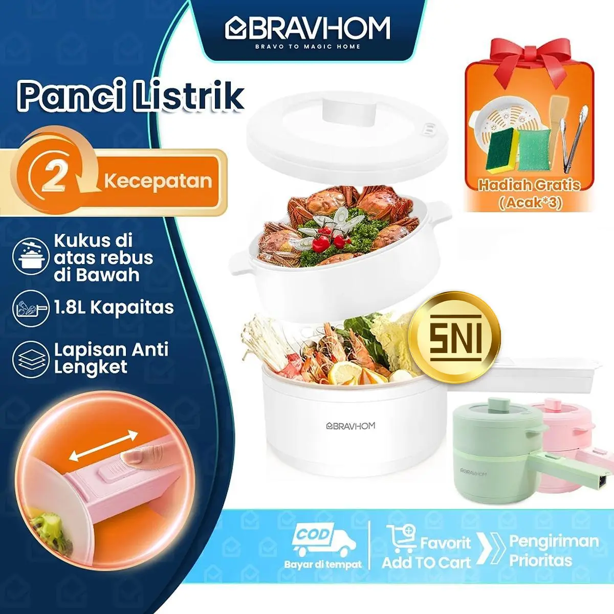 BRAVHOM Panci Listrik 1.8L Putih Multifungsi 2 Mode Panas Anti Lengket dengan Steamer & Spatula Kayu Gratis COD Pengiriman Prioritas