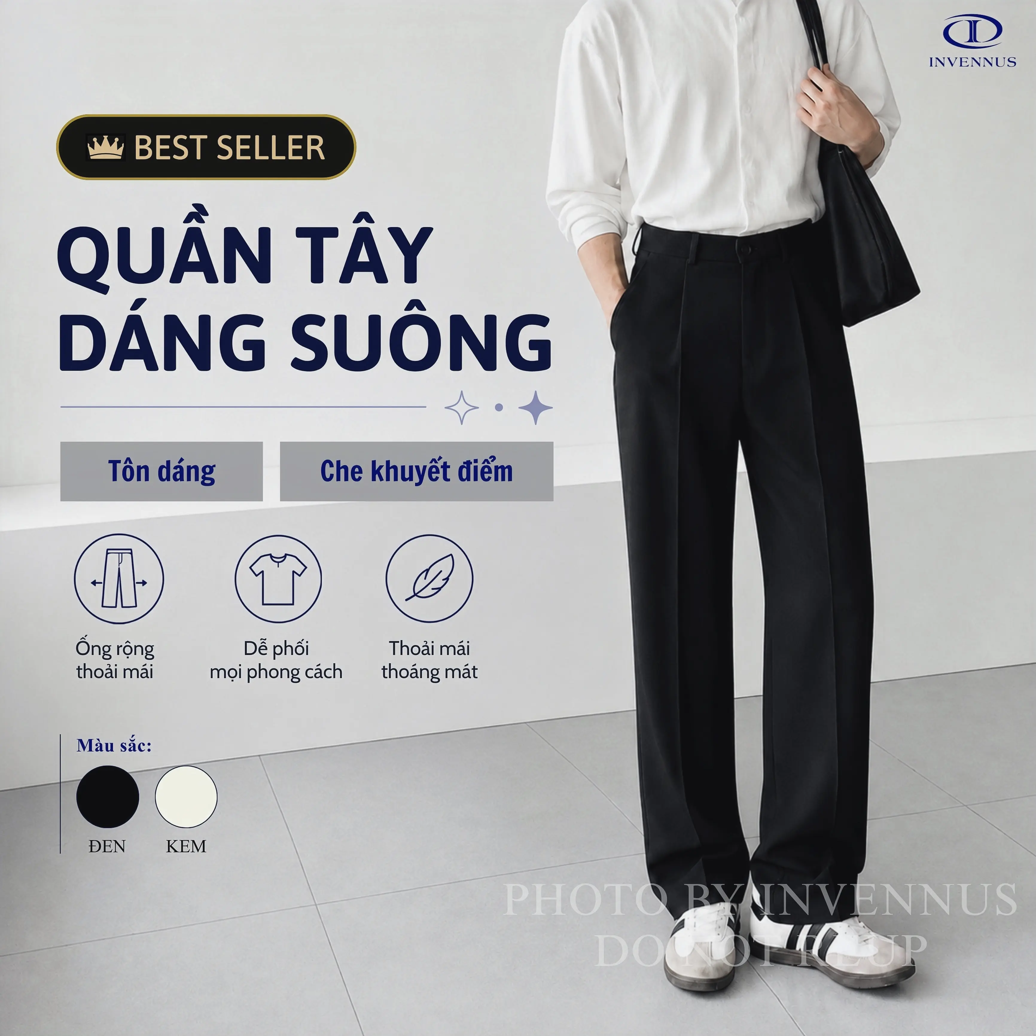Quần tây nam ống suông INVENNUS cạp cao, quần âu nam tôn dáng vải tuyết hàn co dãn nhẹ thoáng khí - [302]